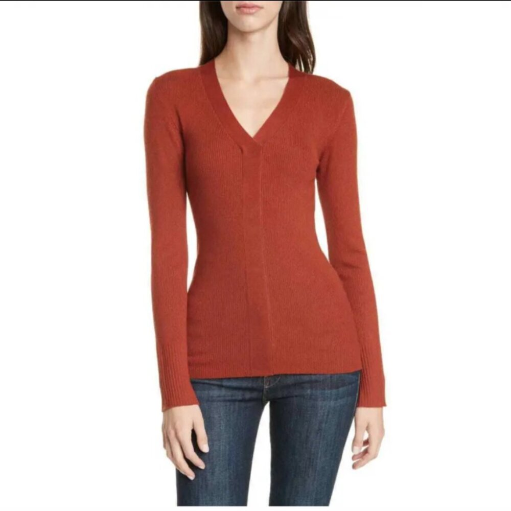 Lewit Rust Wool Silk Blend Long Sleeve V-Neck Ribbed Pullover Sweater Size M